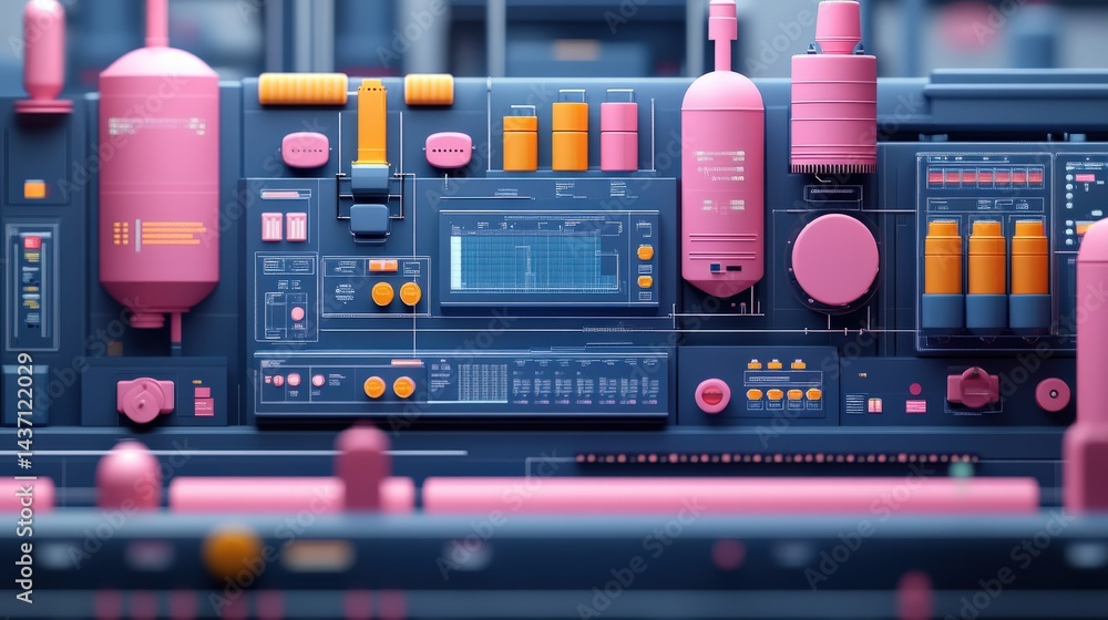 Poster colorful abstract representation of a futuristic control panel with various gauges and buttons