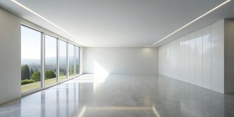 Obraz premium Modern minimalist empty room with large windows and scenic view