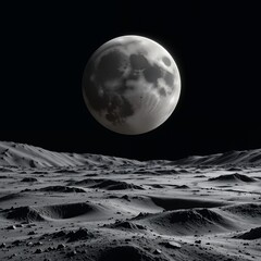 Grayscale lunar surface with stark shadows, bathed in celestial moonlight