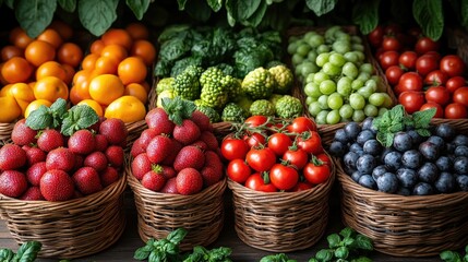 Colorful display of assorted fresh vegetables on market table
