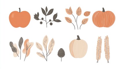 Autumn harvest Apples, pumpkins, leaves, and branches. Fall design elements for seasonal projects
