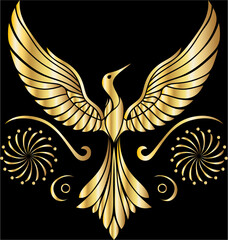 Obraz premium Majestic Golden Phoenix Vector on Black Background, Elegant golden phoenix with spread wings, symbolizing rebirth and immortality, perfect for luxury and mythology themes.