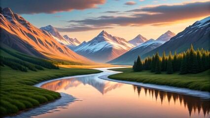Stunning Mountain Landscape with River and Pine Trees at Sunset in High Definition