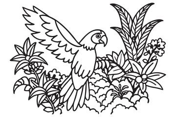 Elegant Parrot Coloring Page, Detailed Bird Illustration with Flowers , Perfect for Relaxation