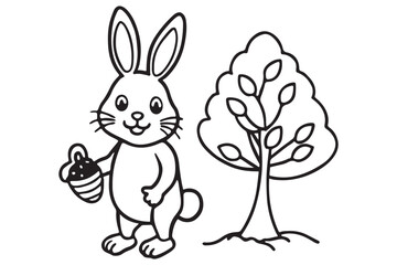 Cute Bunny and Tree Illustration, Adorable Line Art for Coloring, Perfect for Kids' Activities