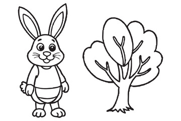Cute Bunny and Tree Illustration, Adorable Line Art for Coloring, Perfect for Kids' Activities