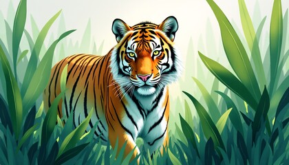 "Transparent watercolor tiger emerging from emerald foliage   Broken color technique with iridescent medium   Luxury eco resort branding"