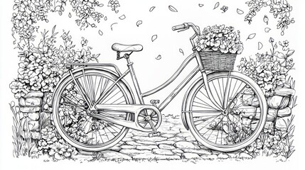 Obraz premium Detailed Black and White Coloring Page of a Bicycle with Flowers