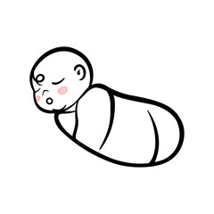 Sleeping Cute Baby Peacefully In swaddle. Baby Born Logo Designs Template. Design for Baby care, toys and accessory shop emblem, logotype, sign. Vector Doodle Line, hand drawn illustration. 