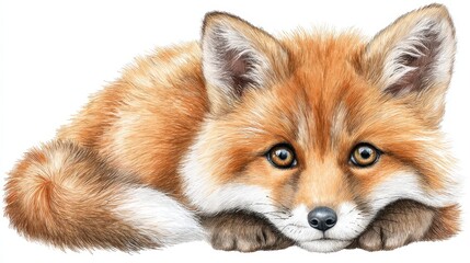 Fototapeta premium Adorable Red Fox Kit Resting on White Background