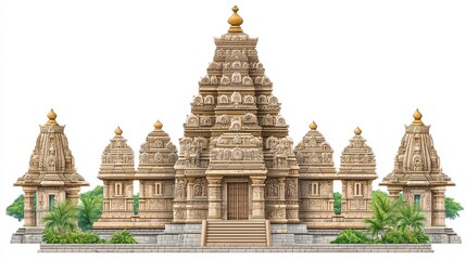 Fototapeta premium Intricate Beige Stone Temple with Multiple Towers Against White Background