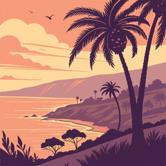 Coastal Landscape Vector Art - Palm Trees, Ocean View, Sunset Beach, Editable High-Quality Illustration for Commercial Use