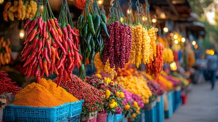 Colorful chili peppers and spices hanging at a market stall.