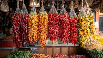 Fototapeta premium Colorful chili peppers hanging in bunches at a market.