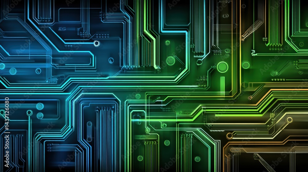 Poster Exploring a Minimal Computer Circuit Board Design Featuring Blue and Green Neon Colors in a Flat View From a Top-Down Perspective