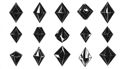 Black geometric crystals, various facets, white background, graphic design element