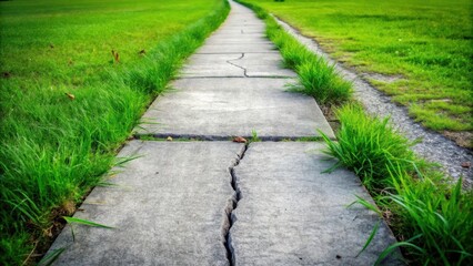 Fototapeta premium A cracked concrete pathway bordered by vibrant green grass, showing the passage of time and the resilience of nature.