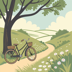 Obraz premium Nature Cycling Vector Art - Cyclist Riding on Scenic Path with Trees, Editable High-Quality Design for Outdoor Fitness and Adventure