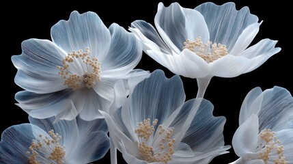 White transparent floral mesh flowers on black background wall art