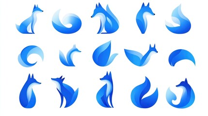 Blue fox logo designs; abstract shapes; white background; website icons