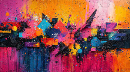 Fototapeta premium A canvas of vibrant chaos, where abstract shapes and colors collided, defying the boundaries of reality, offering an intriguing and thought-provoking backdrop for artistic pop art 
