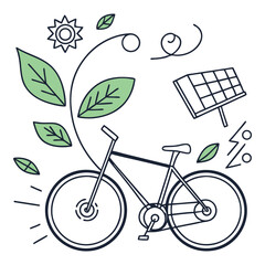 Eco-Friendly Bicycle Vector Art - Solar-Powered Bike with Leaves, Editable High-Quality Design for Sustainability and Green Energy
