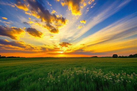 field of green grass under a cloudy sky at sunset - Powered by Adobe