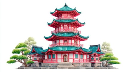 Fototapeta premium Red and Green East Asian Pagoda Illustration