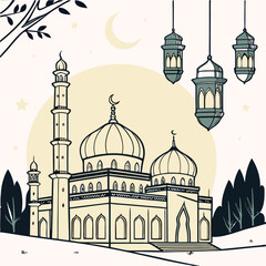 Islamic Mosque Vector Art - Crescent Moons, Lanterns, Palm Tree, Editable High-Quality Design for Ramadan and Eid Celebrations