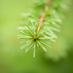 Close-up of a delicate pine branch with vibrant green needles against a soft green background.
