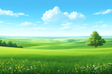 Obraz premium field of green grass under a blue sky 1