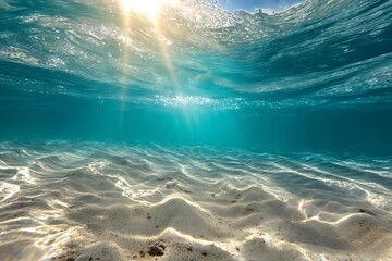 Sunlight dances on the sandy seabed in crystal-clear tropical waters