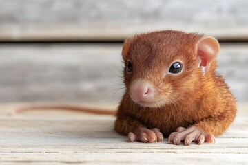 Adorable reddish-brown baby mammal with large eyes, resting on wood