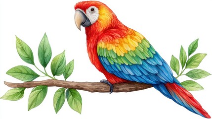 Obraz premium Vibrant Macaw Watercolor Painting on Branch with Green Leaves