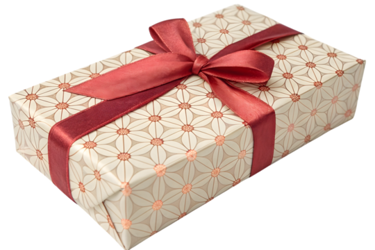 Elegant Gift Box Wrapped in Patterned Paper with Red Ribbon Bow