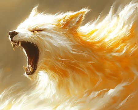 Fiery, snarling wolf engulfed in golden flames