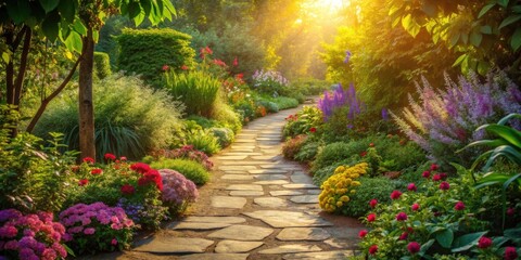 Obraz premium Sunlit Garden Path with Vibrant Blooms and Stone Walkway