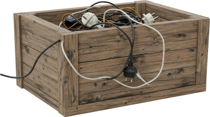 Tangled Electrical Cords and Plugs in Rustic Wooden Crate Recycling Waste and Discarded Electronics