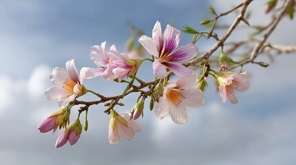 Delicate Pink Flowers Blossom Against Blue Sky  Spring  Nature  Botany