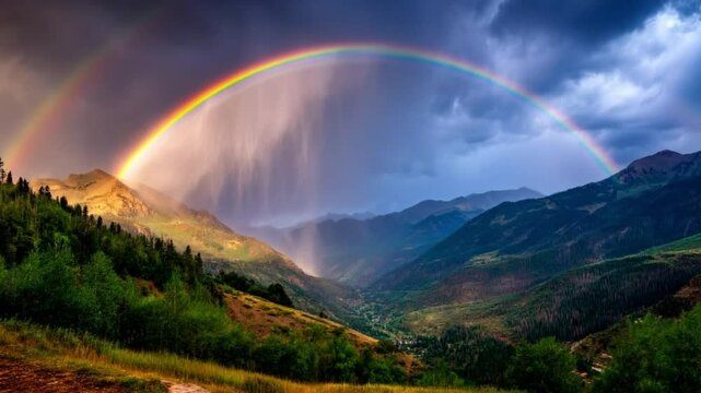 Vivid rainbow over mountains with slow falling rain. Static camera. 4K.
