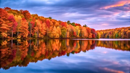 Obraz premium Stunning Autumn Landscape Reflecting Colorful Trees in Tranquil Lake at Sunset