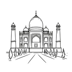 Sketch of the Taj Mahal with trees in foreground and pathway  