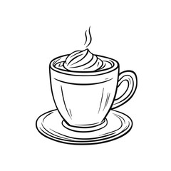 Line art coffee cup with whipped cream and steam rising  