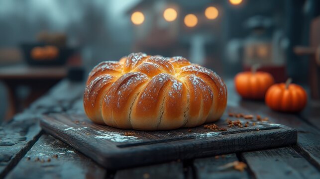 A beautiful, decorative pumpkin-shaped bread, dusted with powdered sugar, sits on a rustic wooden cutting board outdoors - Powered by Adobe