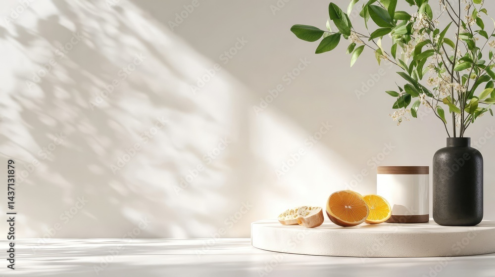 Poster clean architectural white background with subtle 3d shapes and product stand mockup
