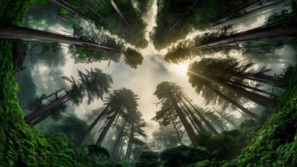 Obraz premium Sunlit Forest Canopy with Blue Sky and Rays of Light