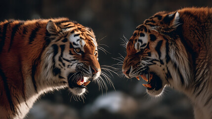 Obraz premium Two fierce tigers engage in a tense standoff in a natural habitat with blurred background