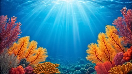 Naklejka premium Vibrant Underwater Scene with Colorful Coral and Sunlight Rays Illuminating Ocean Depths