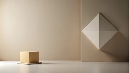 Fototapeta premium Minimalist Beige Room Interior Design with Geometric Wall Decor and a Platform