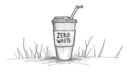 Hand-drawn illustration of a disposable coffee cup with a straw,  featuring a zero-waste label,  sitting on grass